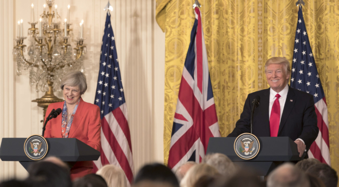 President Donald Trump and British Prime Minister Theresa May appear at a joint press conference, Friday, Jan. 27, 2017, in the East Room of the White House in Washington, D.C. (Official White House Photo by Shealah Craighead)