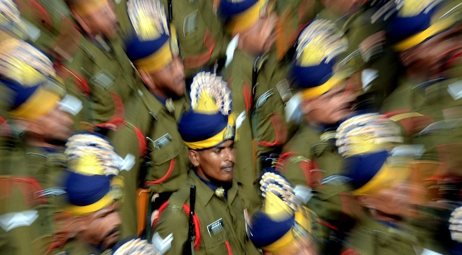 Indian security personnel march during Indian's Republic Day Parade on the Rajpath