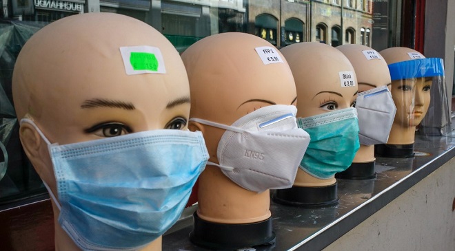 Various face masks and a face shield